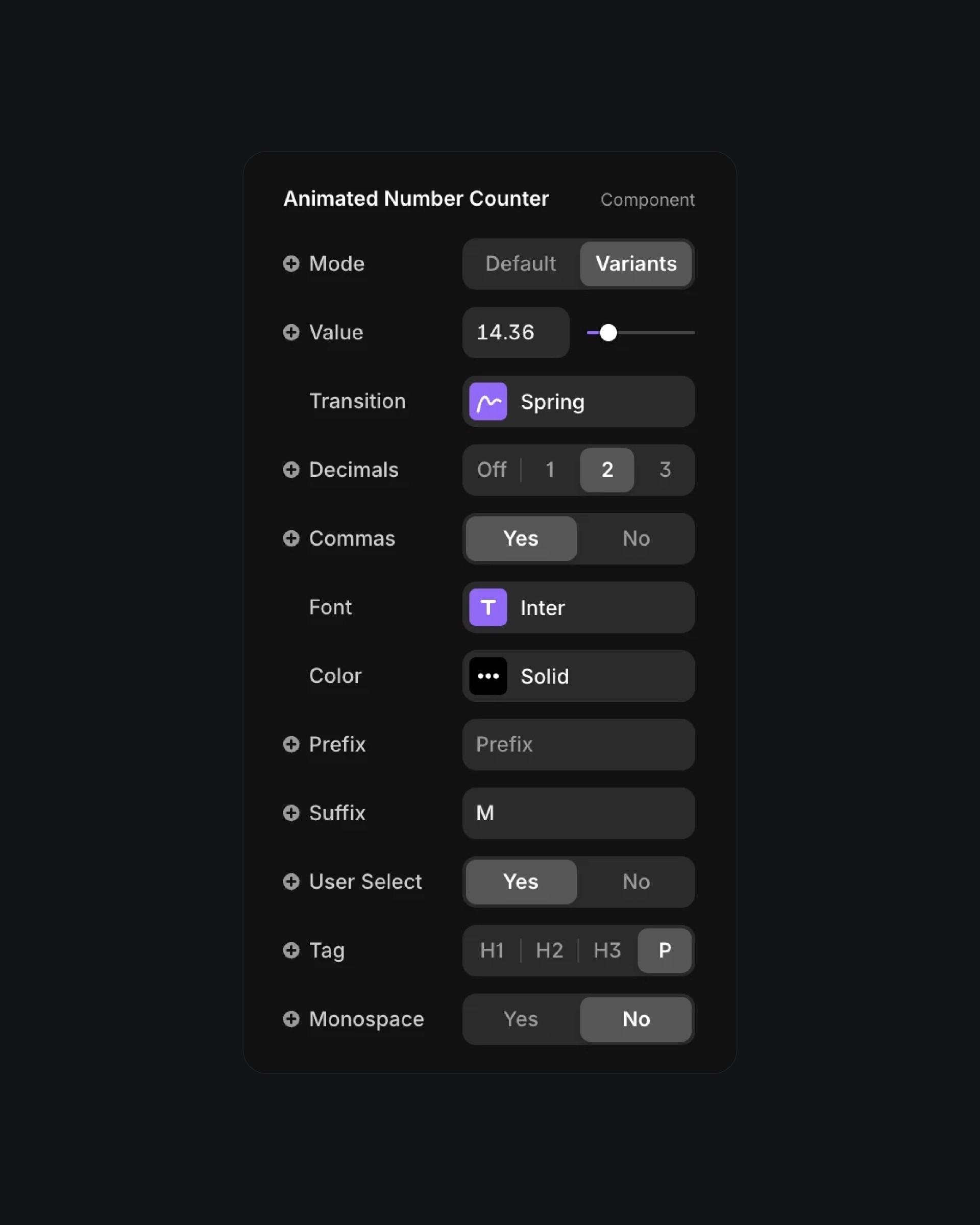 Settings interface for an Animated Number Counter component with options for value, transition type, decimals, font, and suffix customization