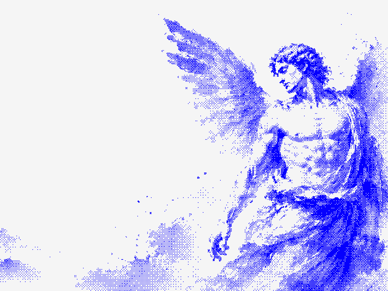 A halftone angel sculpture representing intelligent autonomous systems.