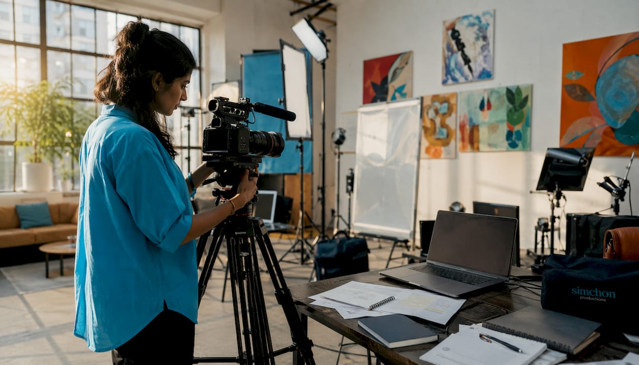 Videographer setting up camera in studio