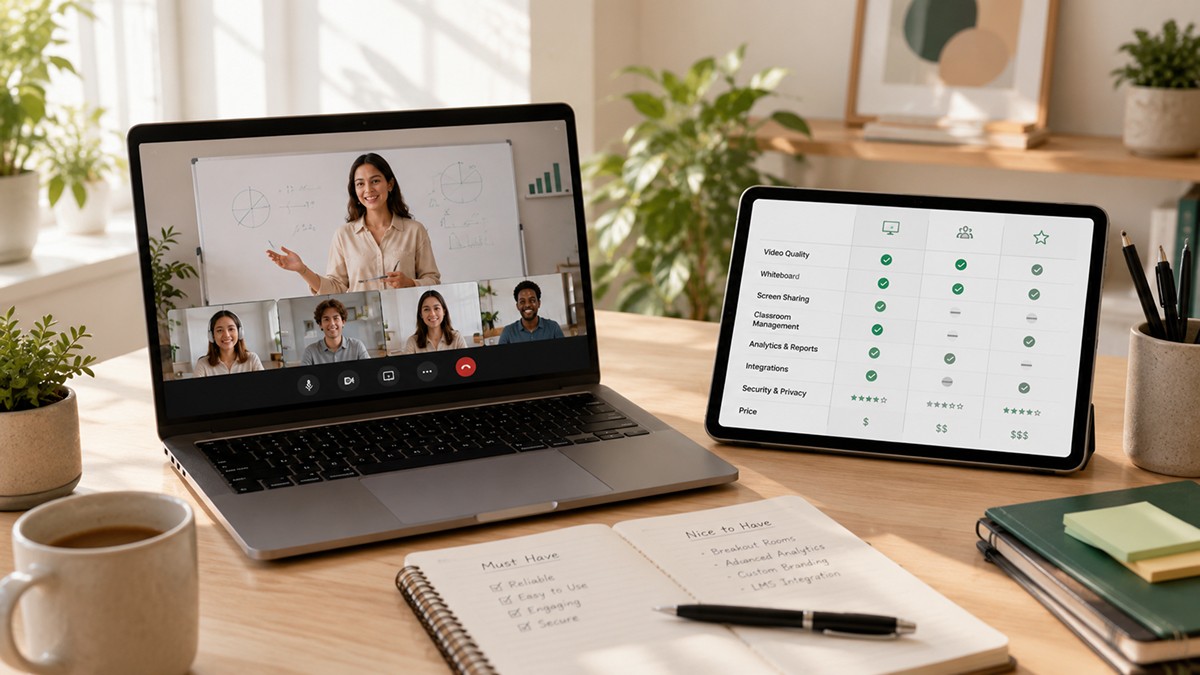 Laptop showing a live virtual classroom session next to a tablet  displaying a platform feature comparison chart, with a notebook  listing must-have criteria for choosing a virtual classroom platform