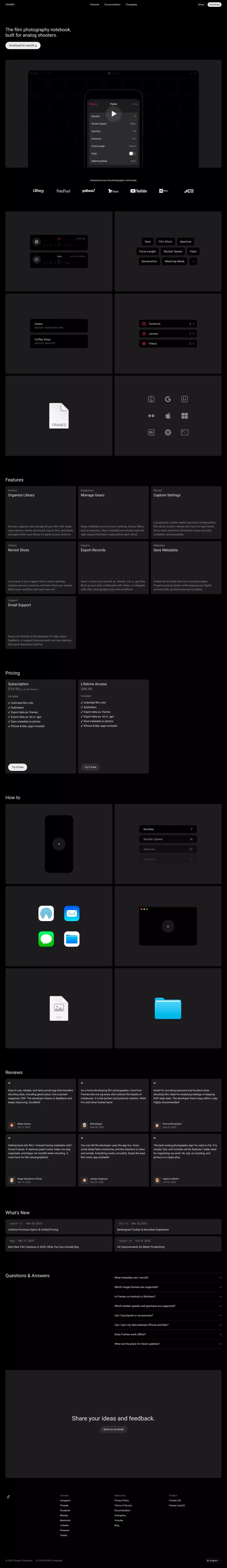 Frames: Film Photography App, Notebook & portfolio page screenshot showcasing Photography and Tech design