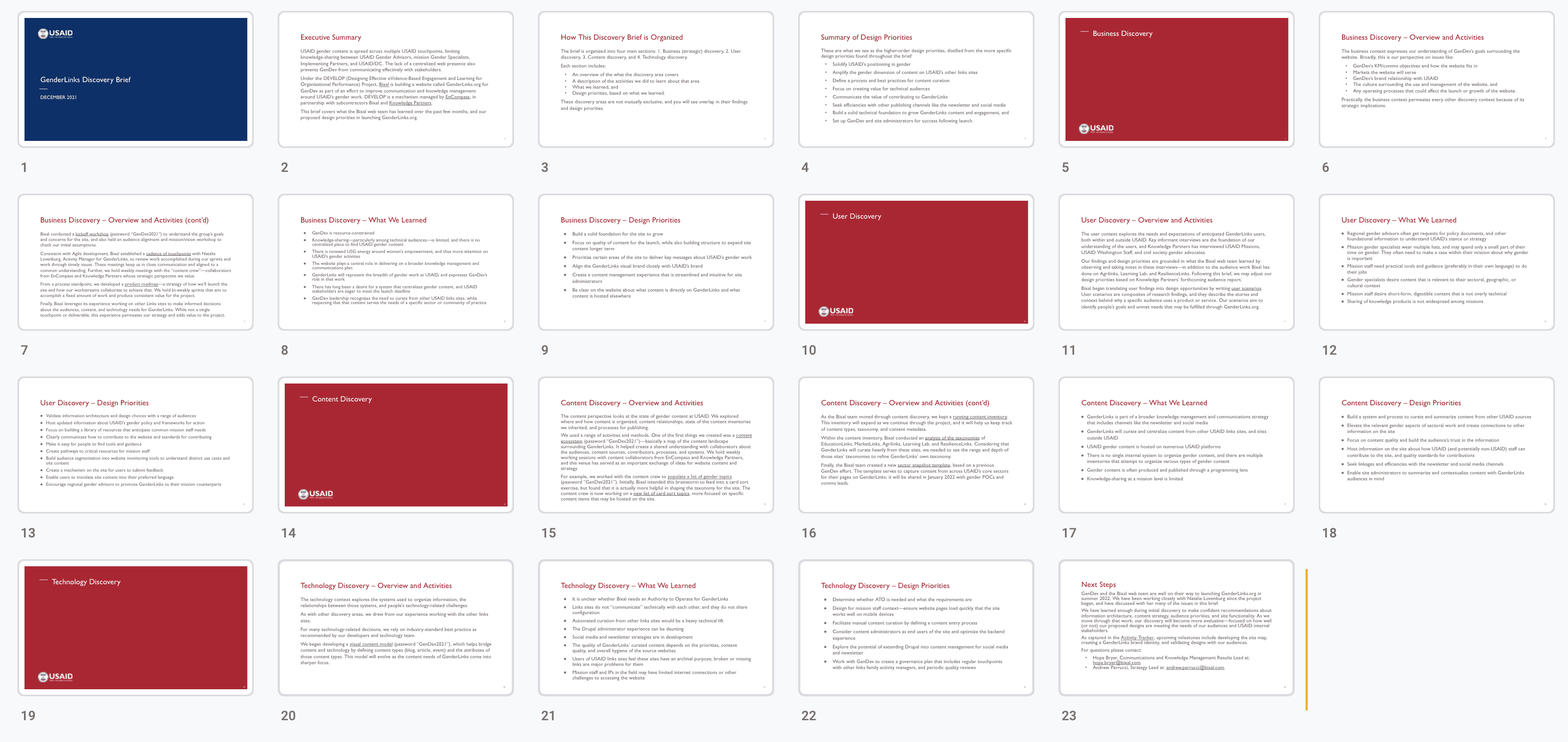 Slide deck thumbnails of a discovery report.