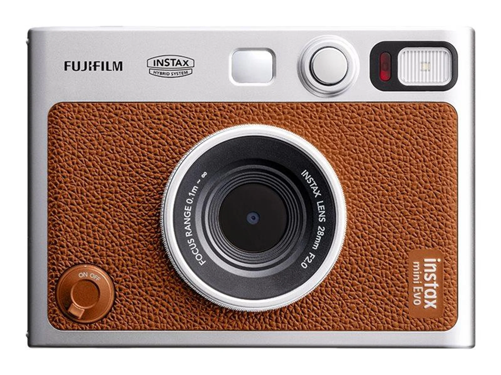 Fujifilm Instax Mini Evo instant camera in brown and silver, shown from the front with a central lens and top flash.