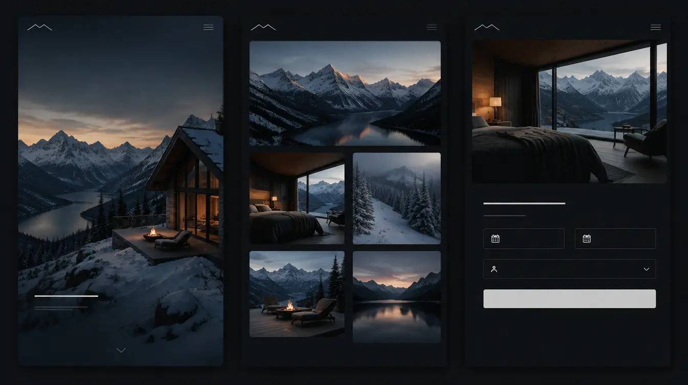 Grid of three UI screens showing the homepage, gallery and booking page