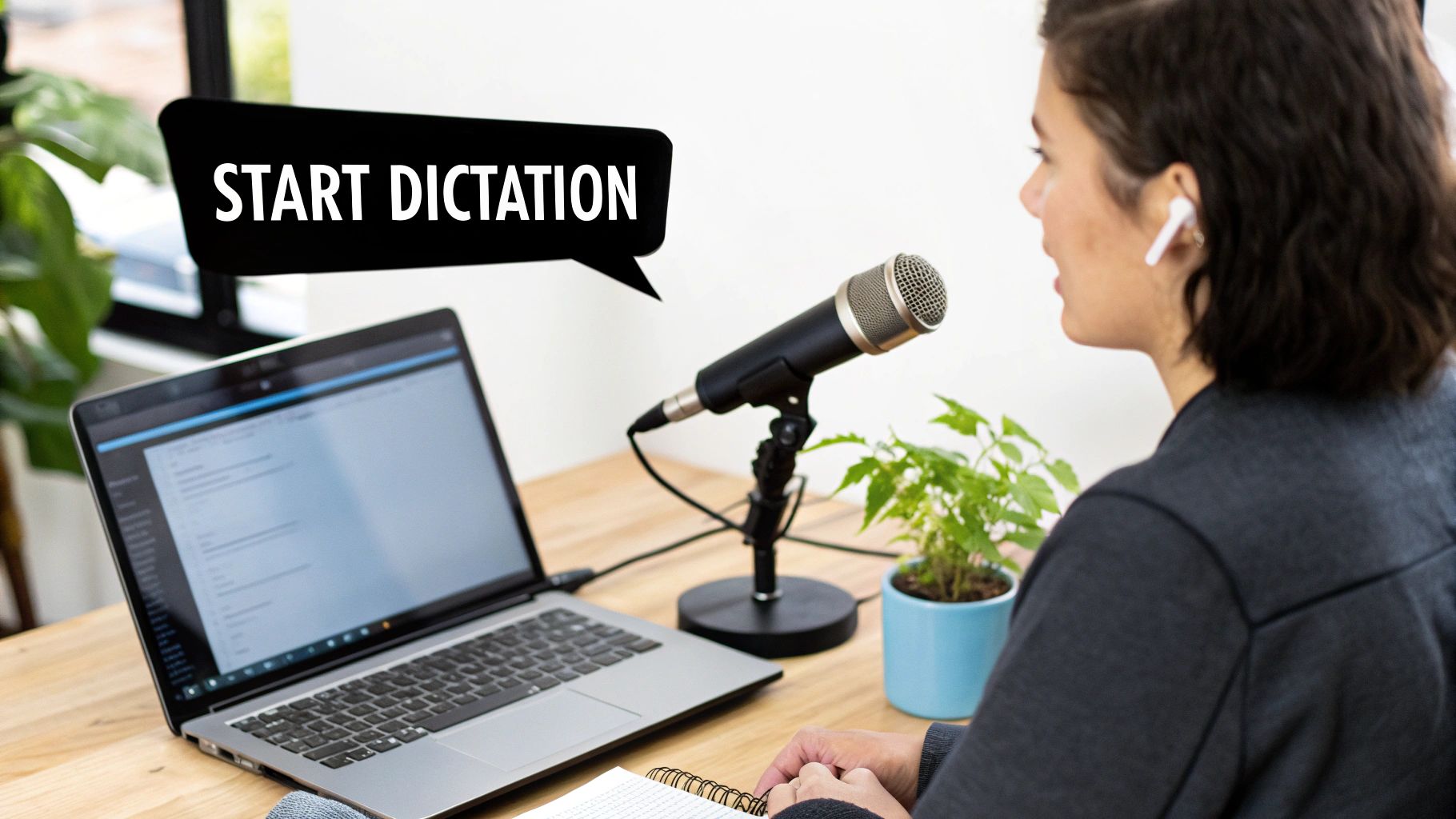 A person speaking into a headset microphone while looking at a Microsoft Word document on a laptop screen.