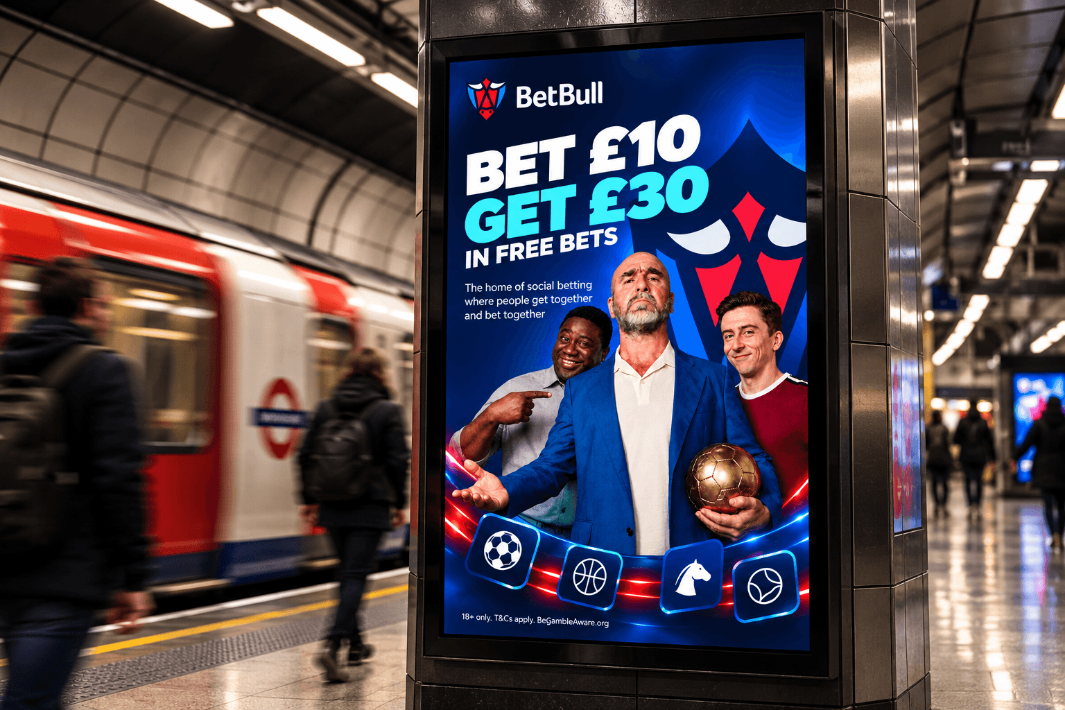 BetBull Bet £10 Get £30 poster on a London Underground platform as a train pulls in