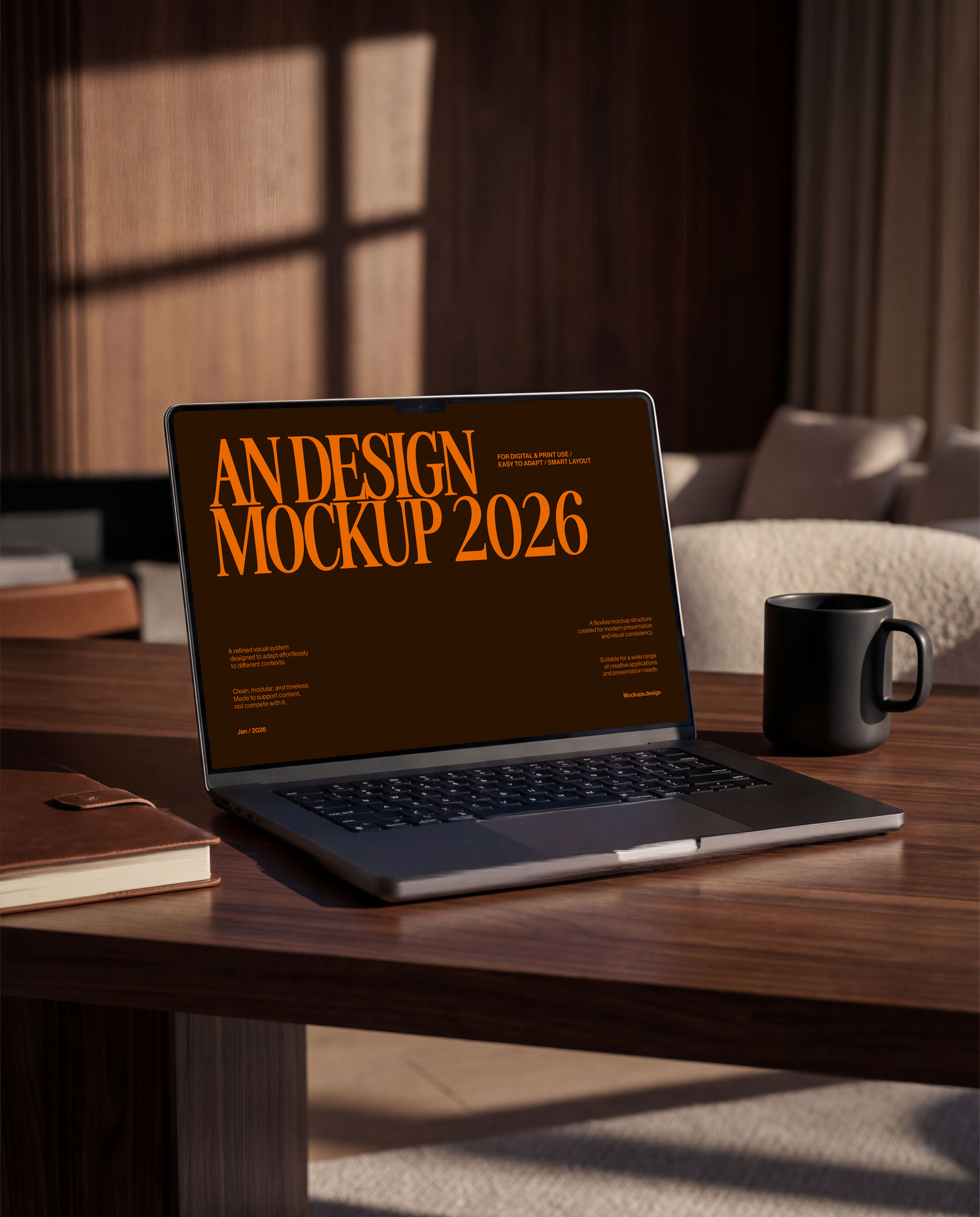 Laptop mockup on office desk, sleek professional setup