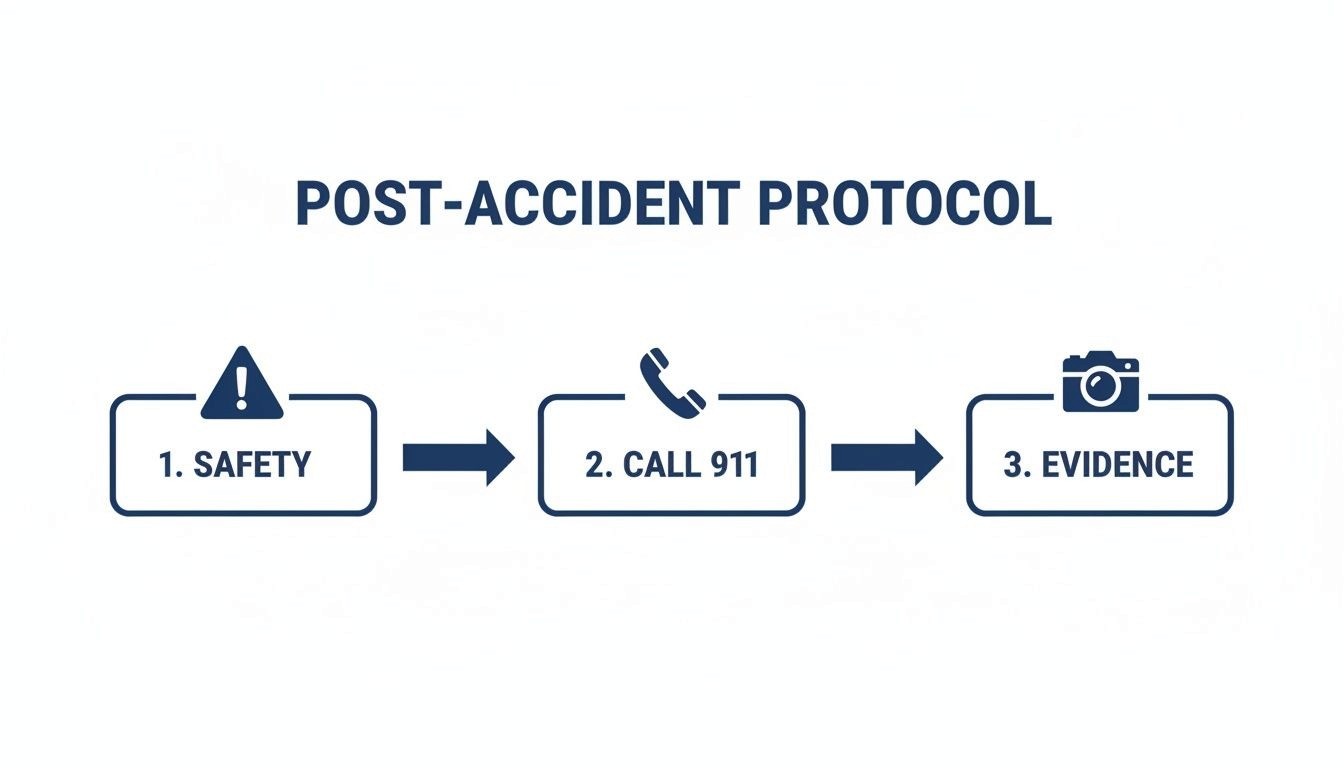 A diagram outlining a post-accident protocol with three steps: safety, calling 911, and collecting evidence.