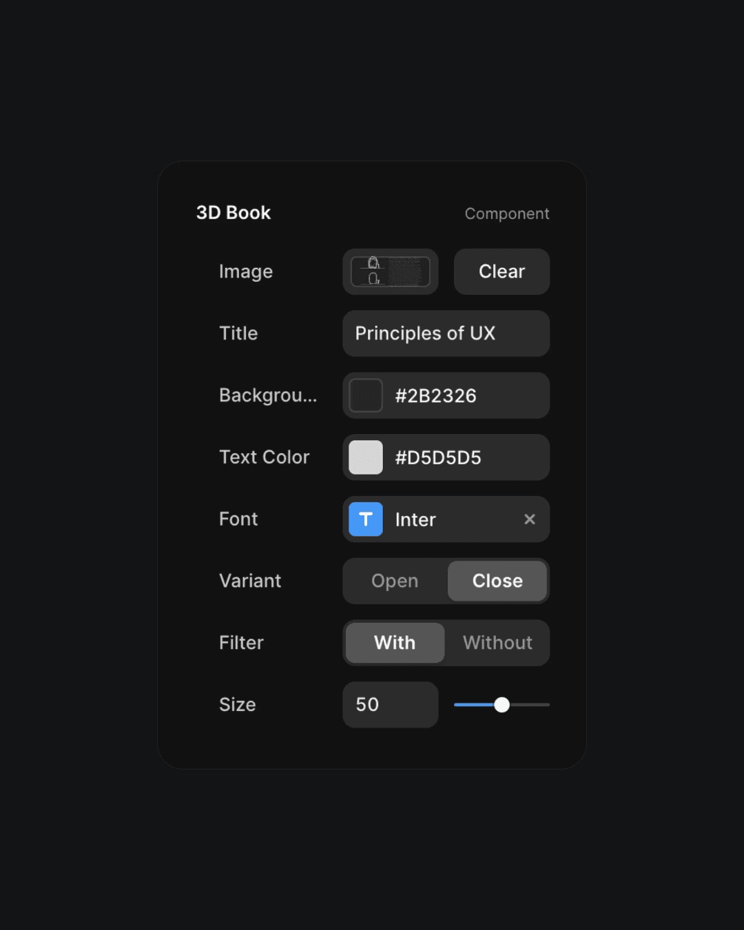 3D Book component settings with customization options for title, colors, and font