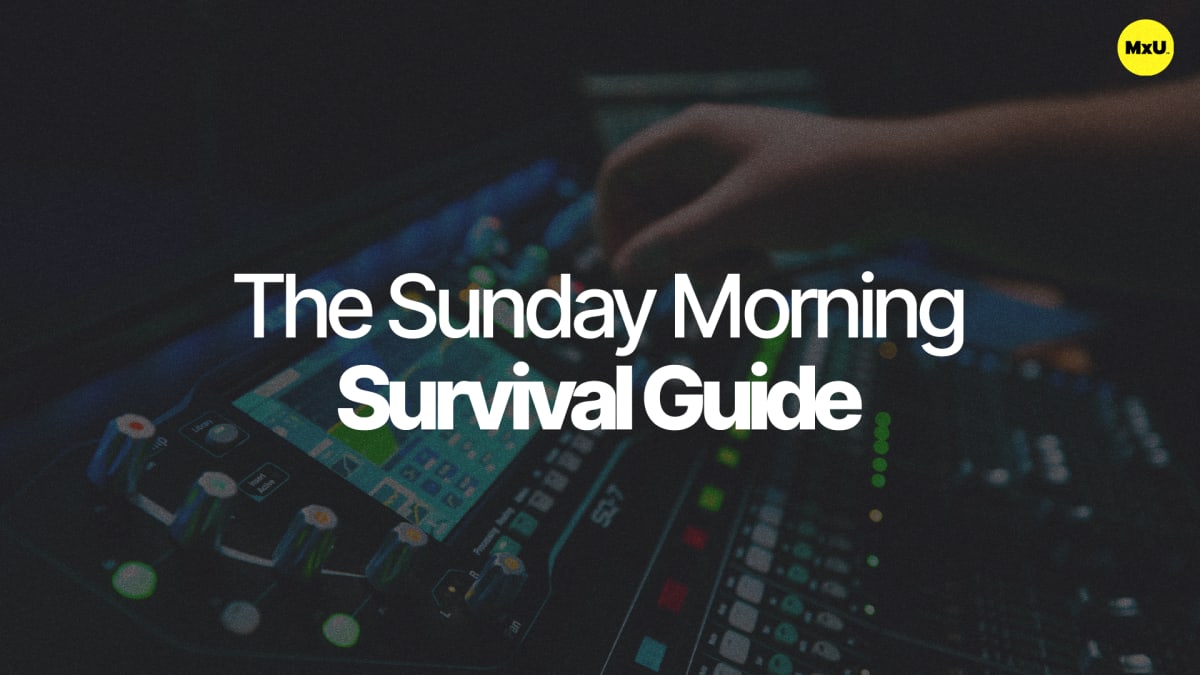 Resource cover for the free MxU worship ministry guide: A hand adjusts controls on a sound mixing board, with 'Sunday Morning Survival Guide' overlaid.