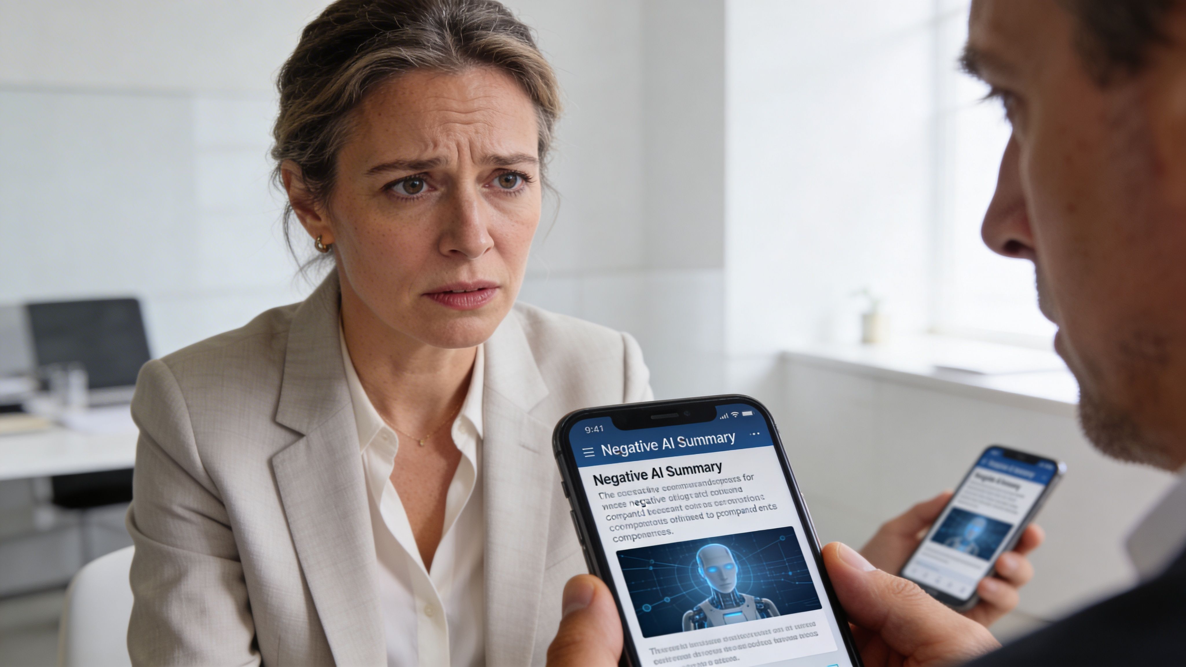 A concerned woman listening to a man showing her negative AI brand sentiment on a mobile phone.