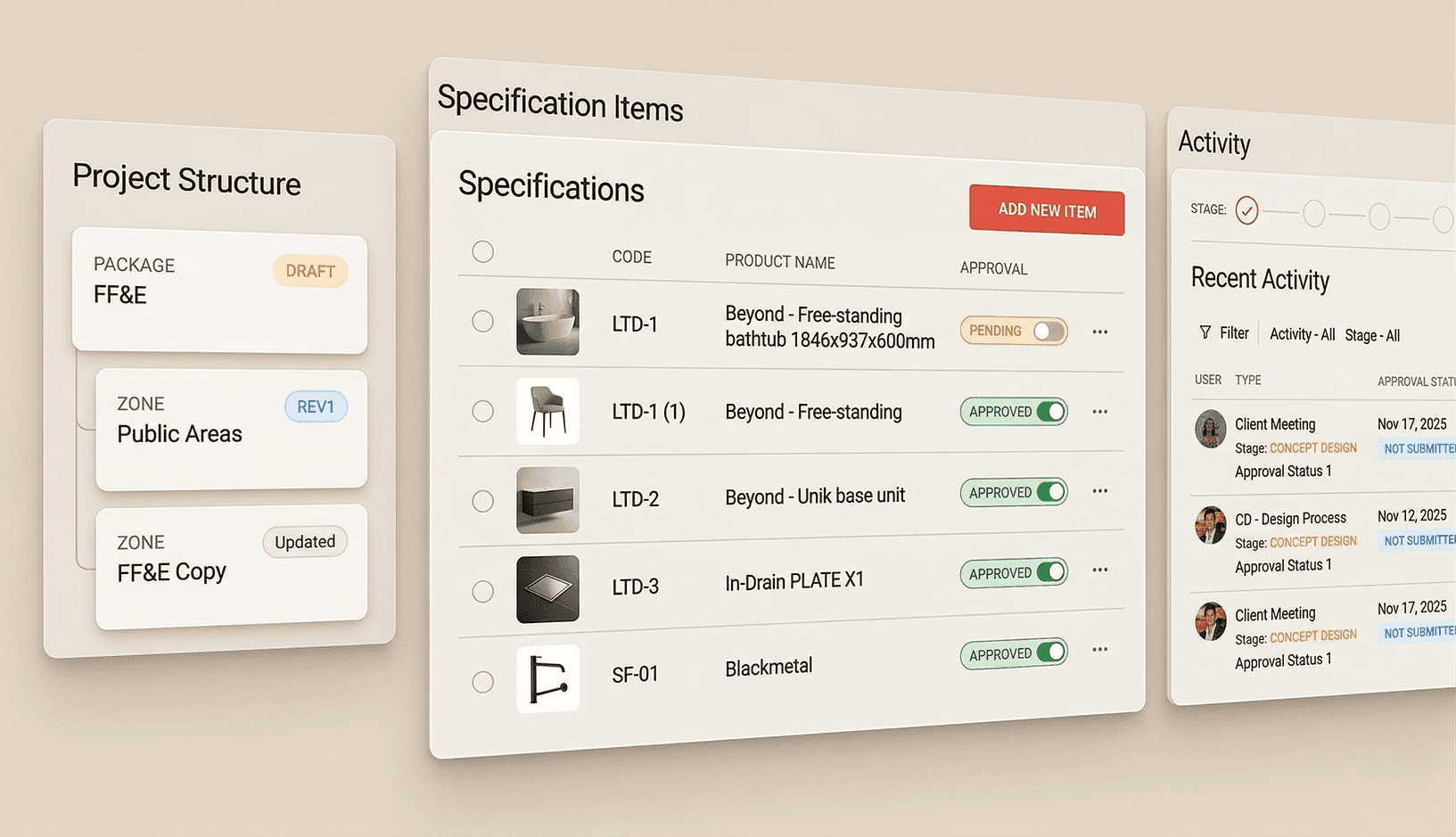 Project management dashboard showing project structure, specifications, and recent activity. Includes add new item button.