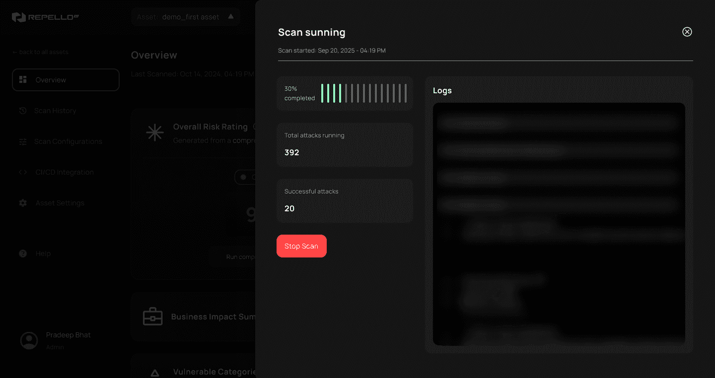 ARTEMIS Browser Mode actively running automated red-team tests against an AI application through the browser interface like a human attacker would
