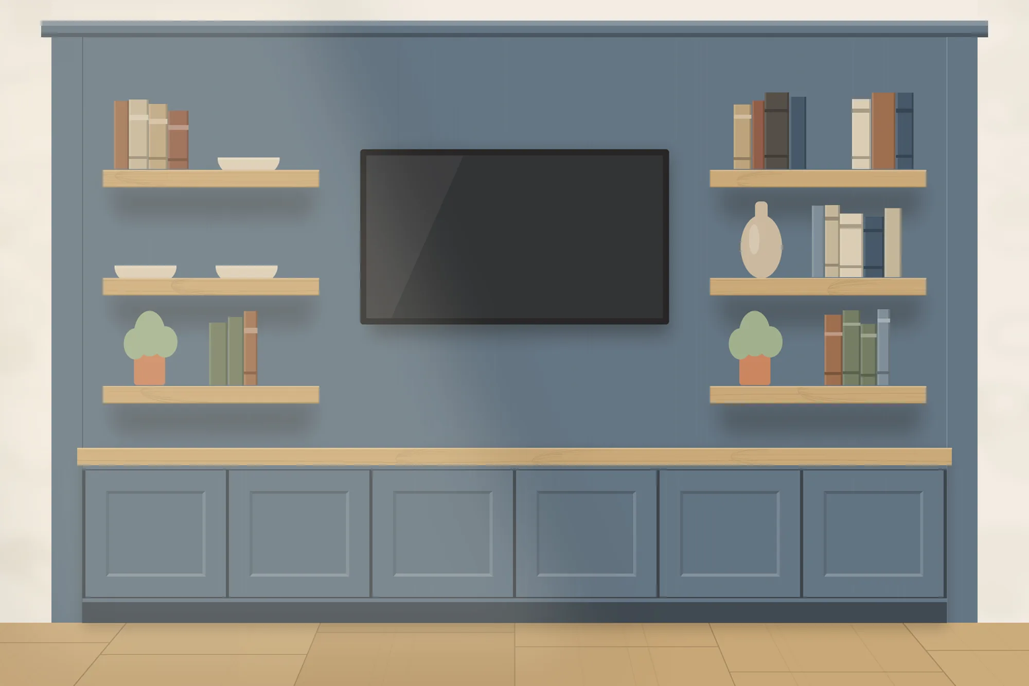 Painted media wall with base cabinets and oak floating shelves