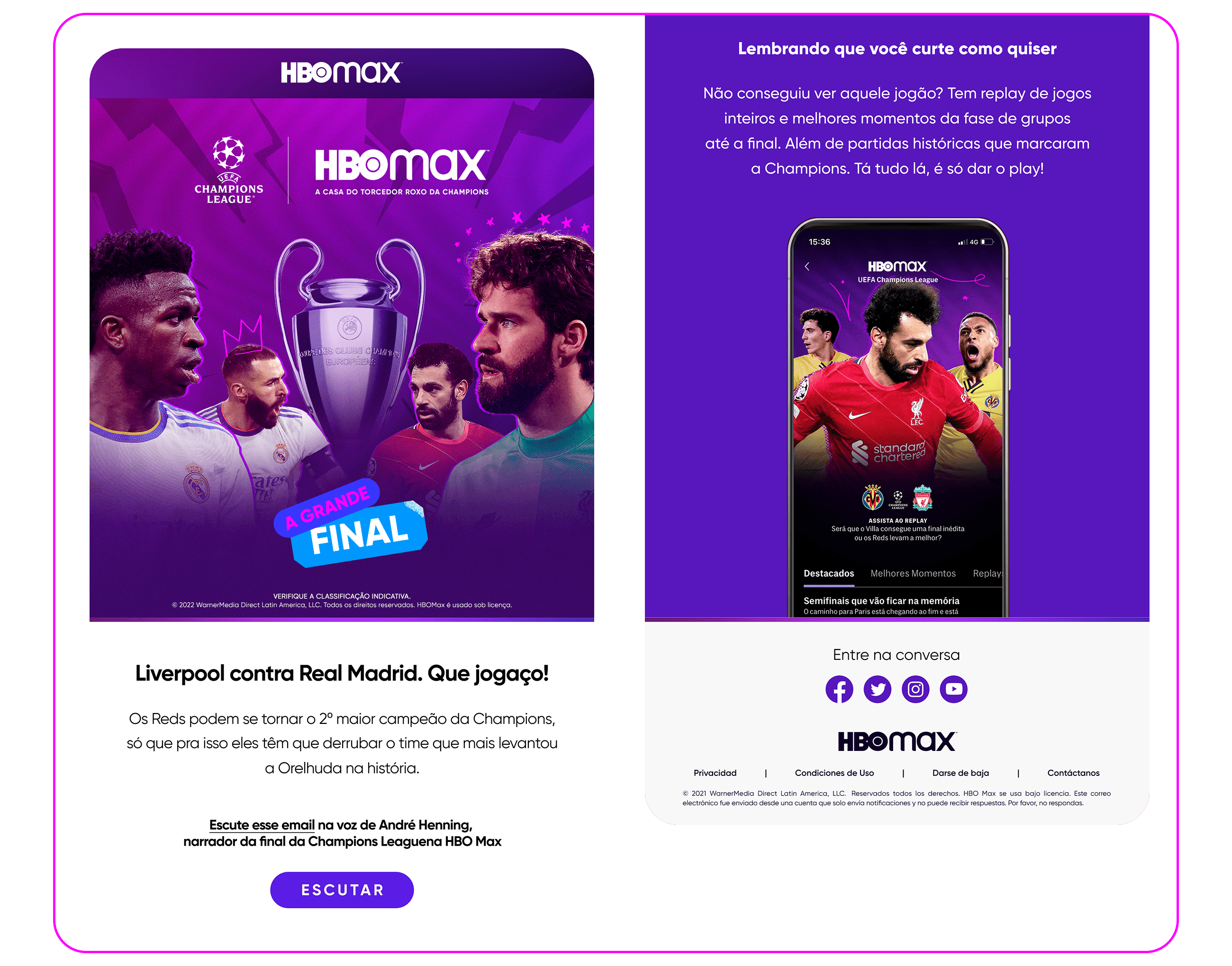 Promotional email with a play button for football-style narrated commentary.