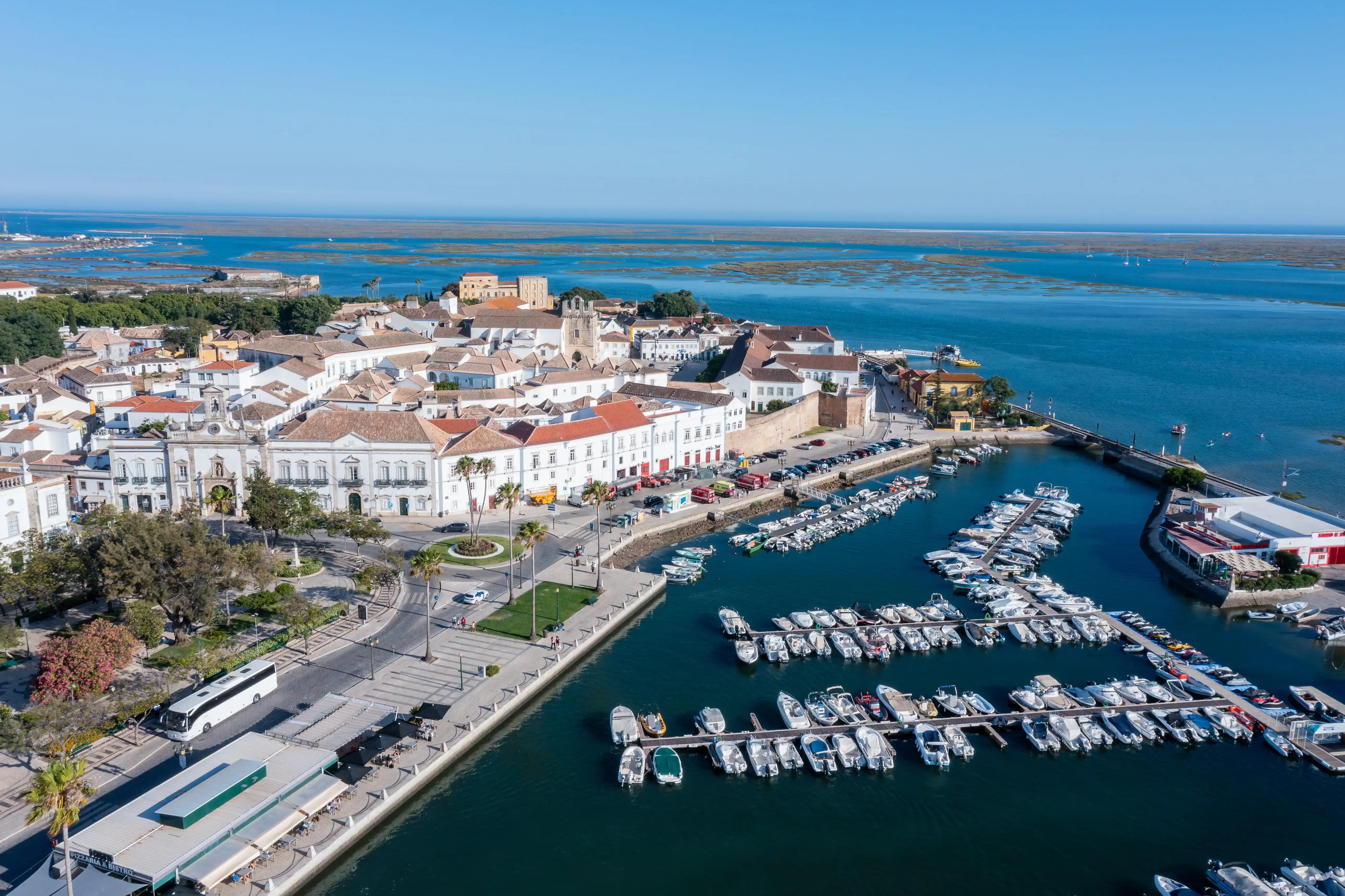 Aerial view of Faro Marina and the waterfront.