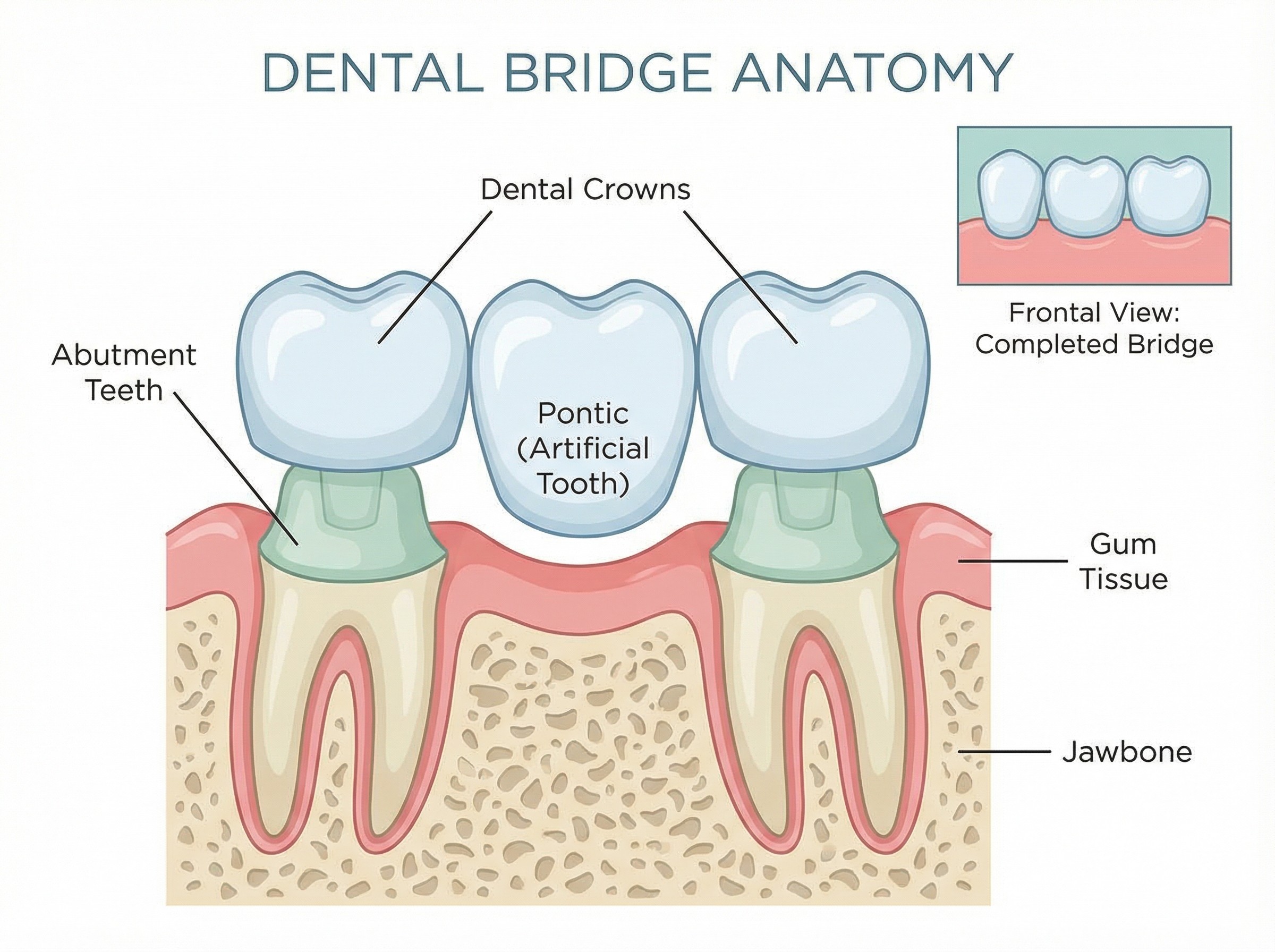 Dental bridge anatomy showing crown structure and pontic design used for tooth replacement at Smyrna Dental Studio