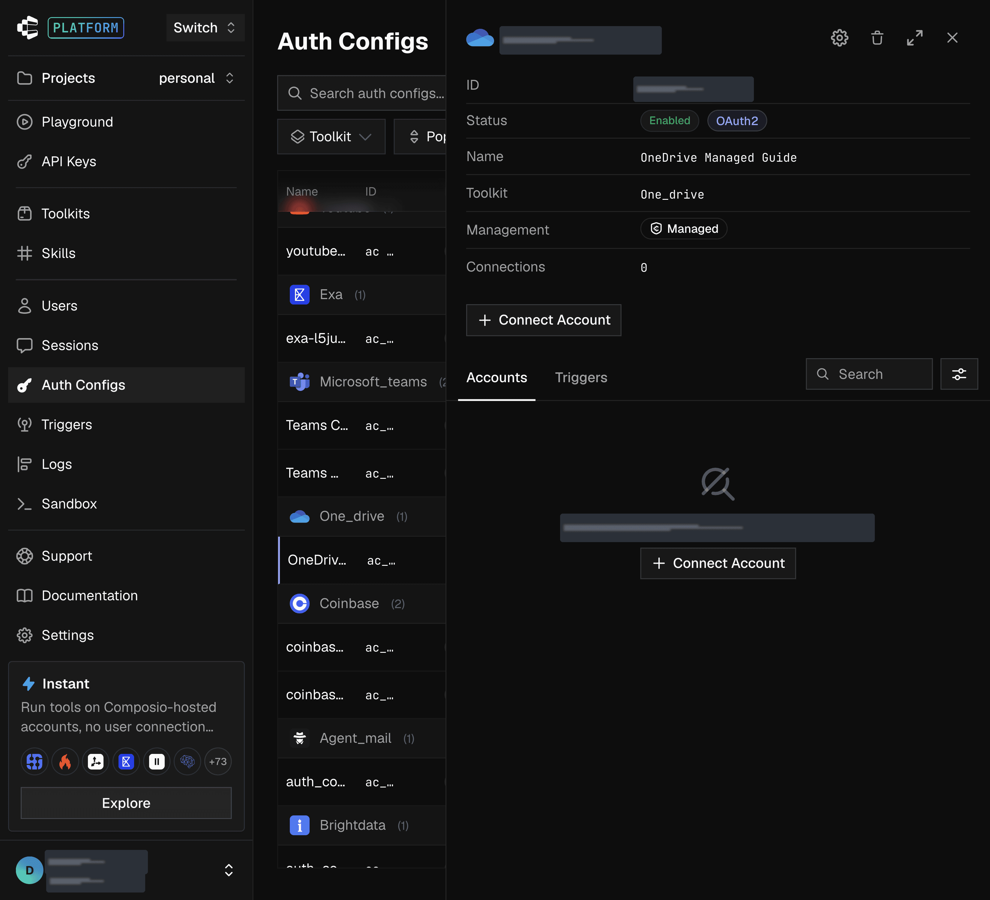 Connect Account button on the managed OneDrive auth config