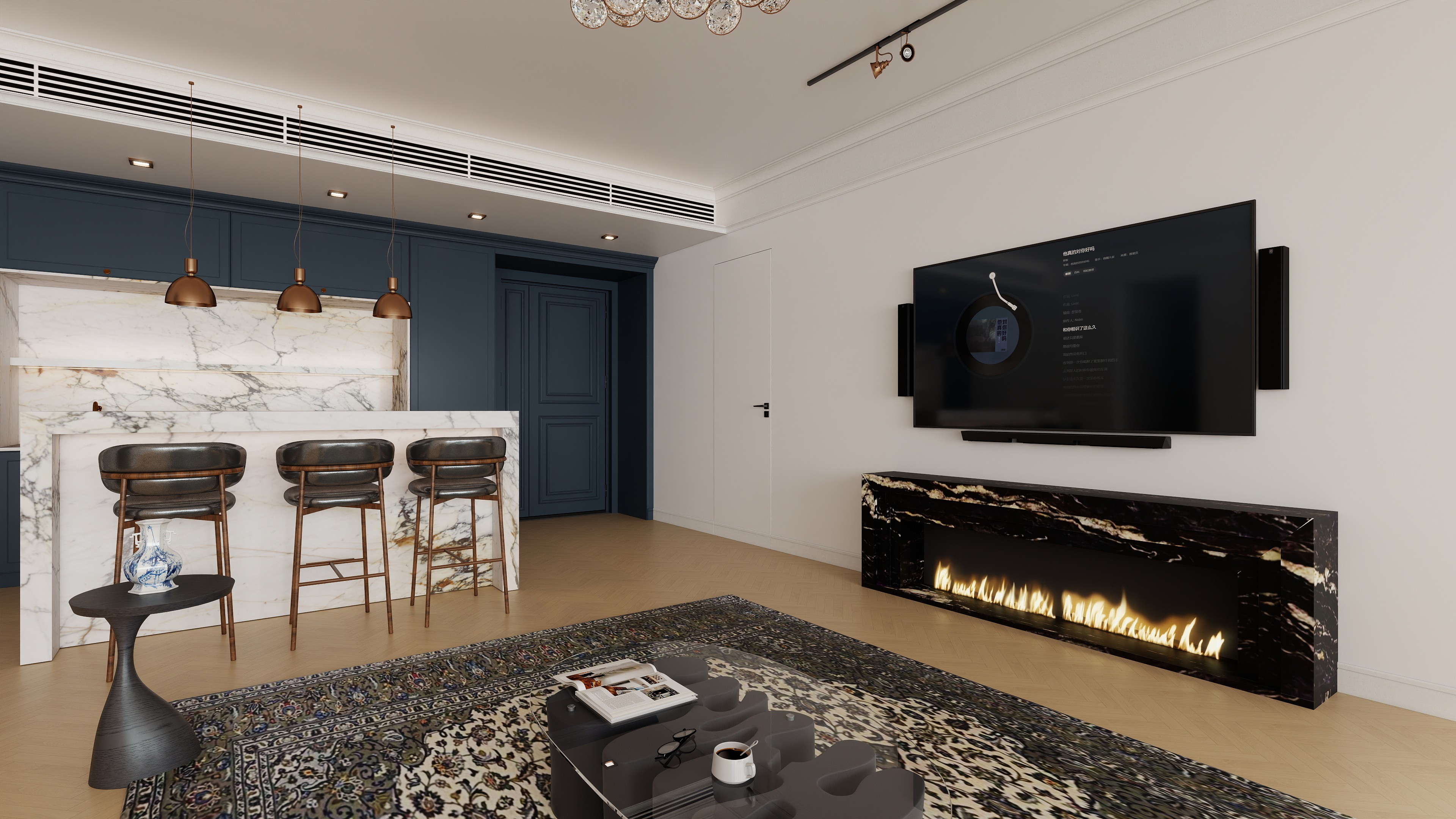 A minimalist fireplace with striking black marble veins integrated into a sleek media wall within a Mount Pavilia luxury house interior.