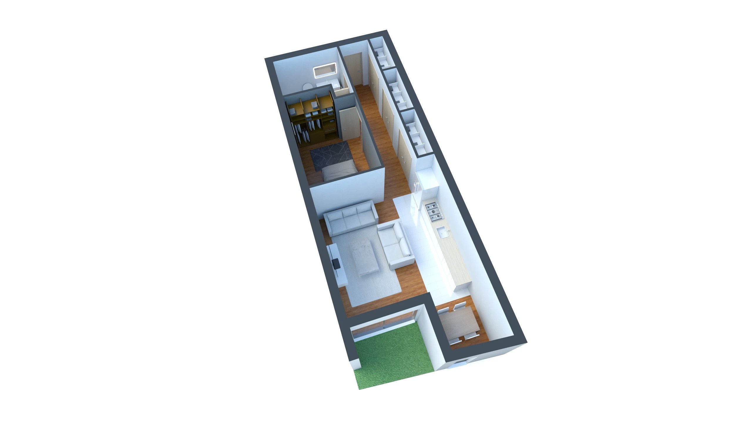 3D view of a furnished one-bedroom apartment with storage space, dining room, living room, bedroom, kitchen, and balcony designed for small spaces.