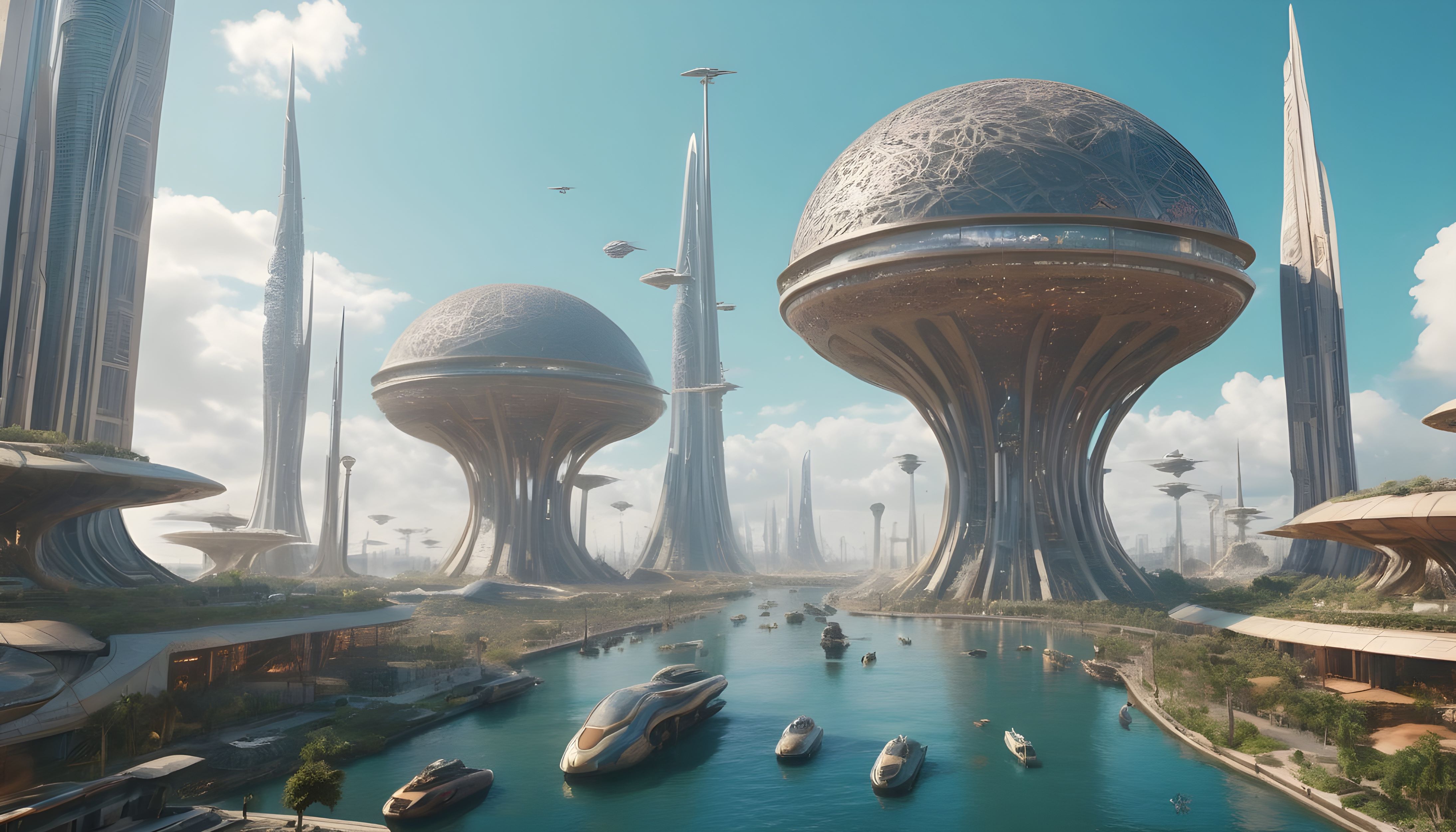 A panoramic image of futuristic alien city that has large domed structures, tall pointy skyscrapers, and a busy canal running through it.