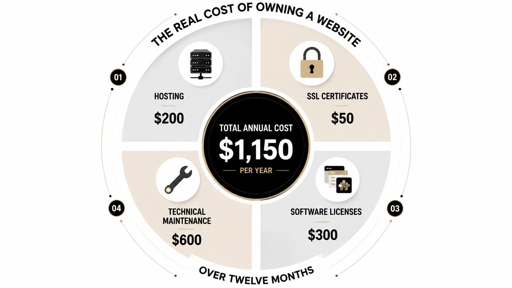 A circular infographic displaying the annual costs of website ownership including hosting, SSL, maintenance, and software licenses.