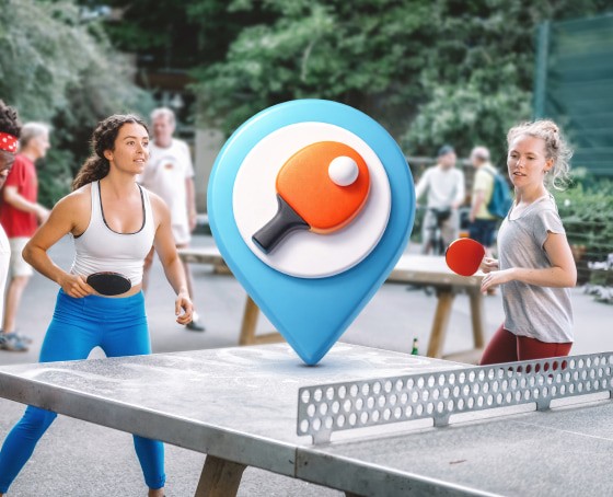 Conceptual visual for the PinPong app showing an oversized 3D location pin with a paddle, placed over a photo of an active outdoor table tennis match.