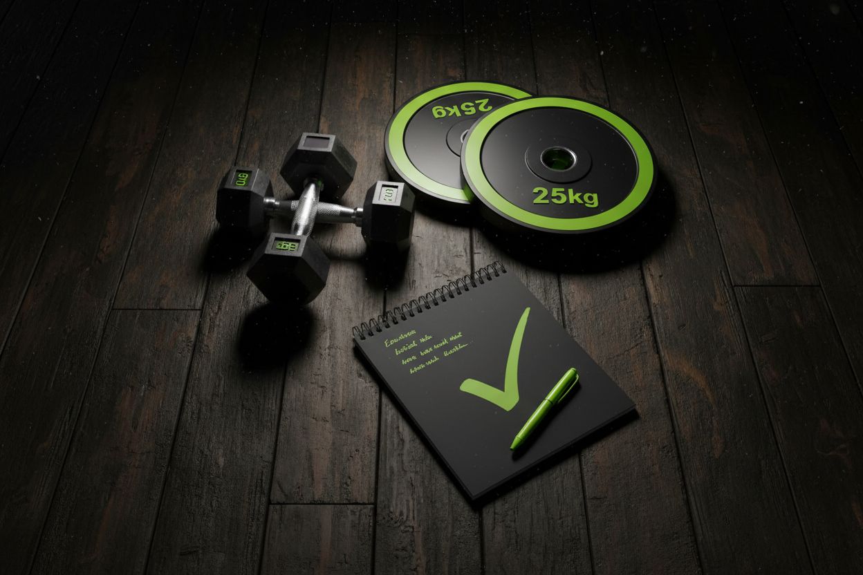 Gym equipment and training notebook for planning full body workout