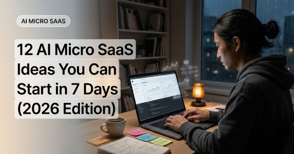Indie founder prototyping an AI micro SaaS at night, 12 AI Micro SaaS Ideas You Can Start in 7 Days.