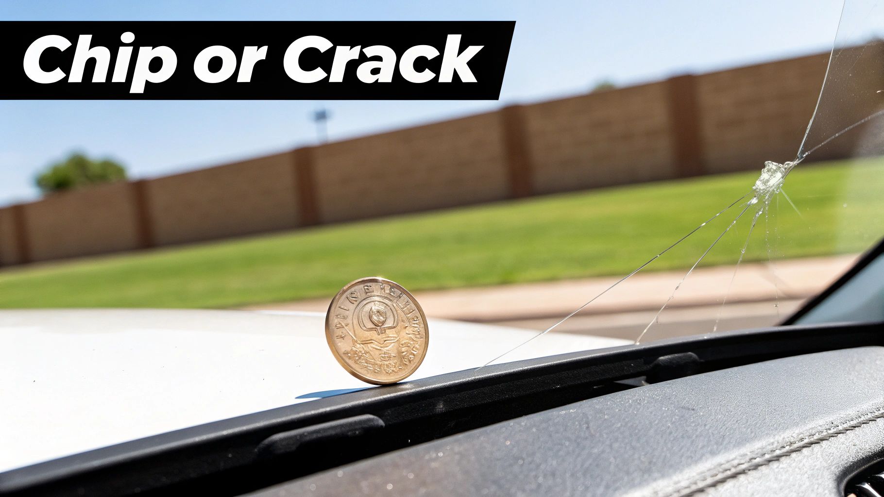 Close-up of a damaged car windshield with a severe crack, a coin on the dashboard.