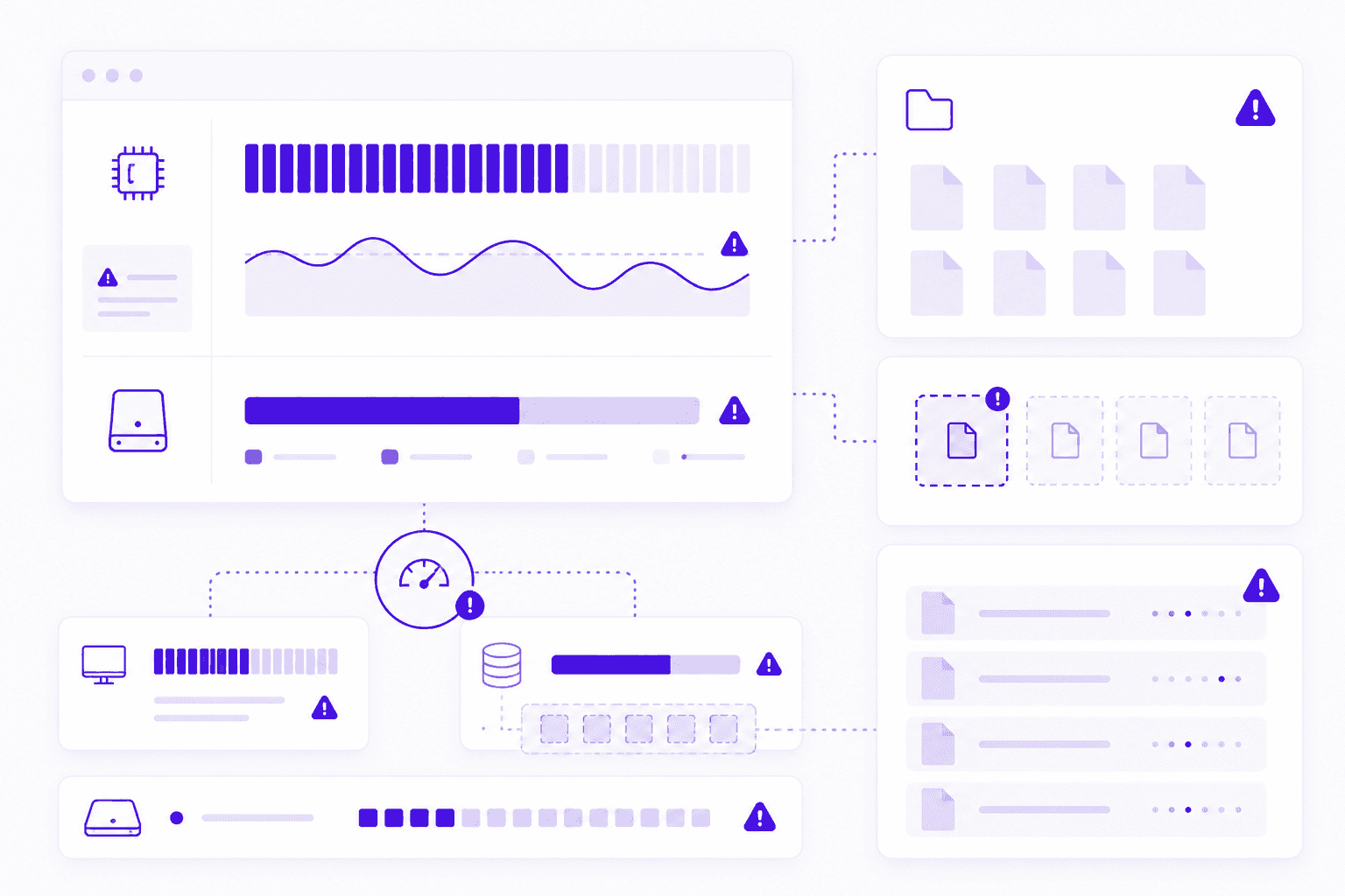 Illustration of Photoshop memory and scratch disk pressure with storage bars, file cards, and warning indicators