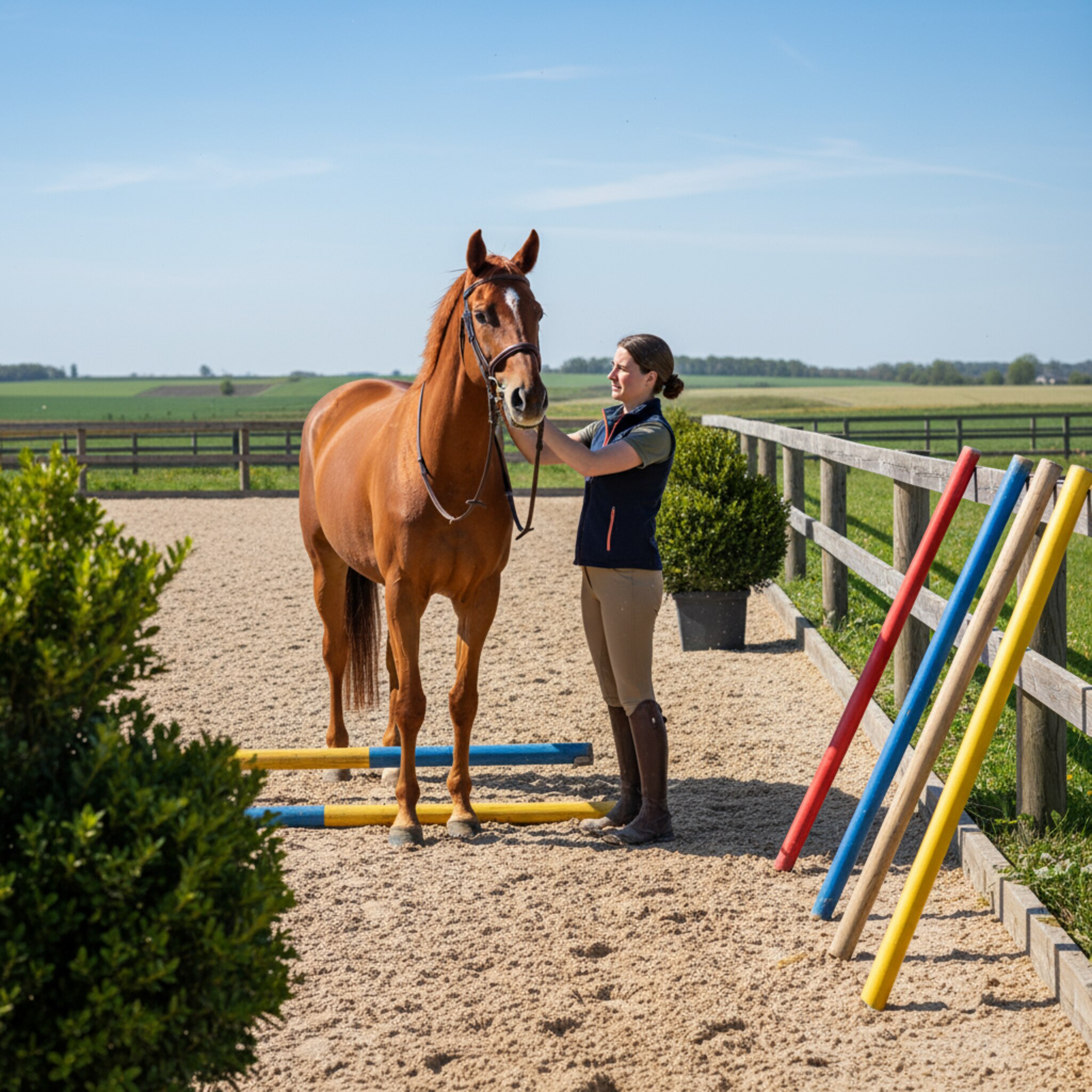 Auf dem Außenplatz glitzern feine Sandkörner in der Sonne. Ein Trainer richtet einen kleinen Sprung, während ein Pferd aufmerksam wartet, die Ohren nach vorne. Am Zaun lehnen farbige Stangen, ein leichter Wind bewegt die Buchsbäume. Weite Wiesen und ein blauer Himmel rahmen die Szene.