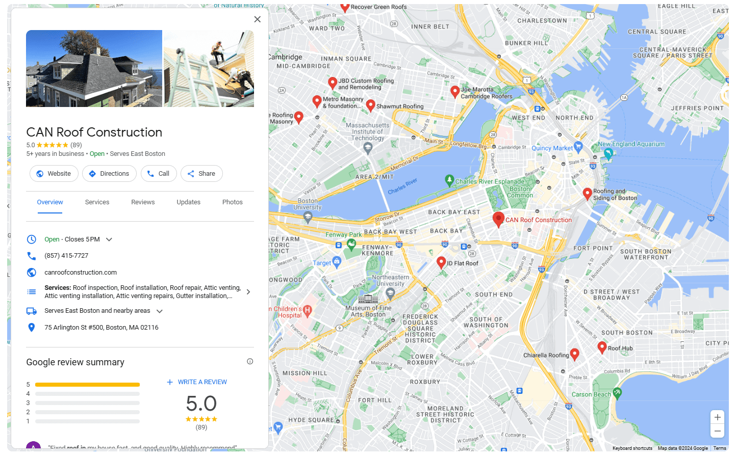 google maps of a roofer contractor