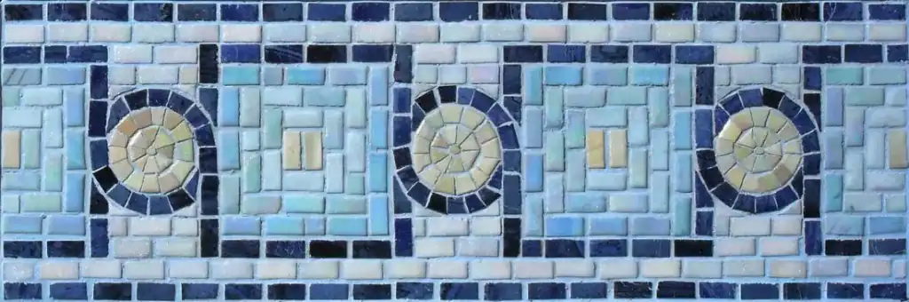 Key and Rosette mosaic border, Blue and cream, hand-cut — reference H-27, Mosaiclegs Art Studio