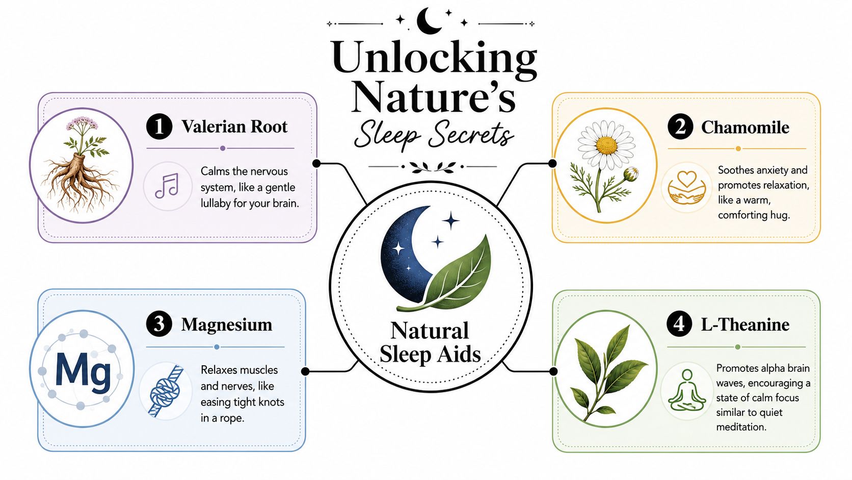An infographic titled Unlocking Nature's Sleep Secrets showing four natural sleep aids: Valerian Root, Chamomile, Magnesium, and L-Theanine.