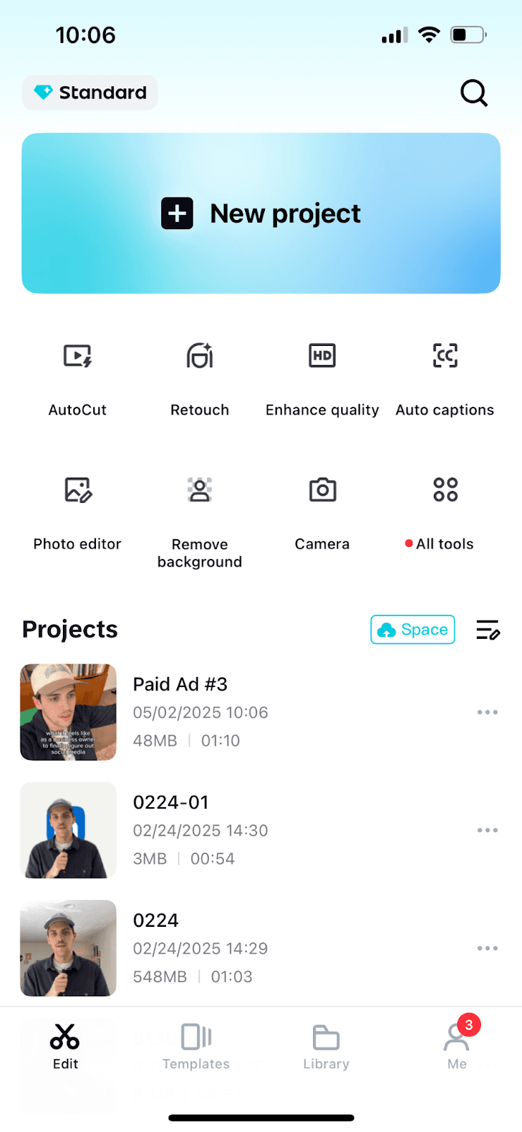 capcut home page with view of different video projects