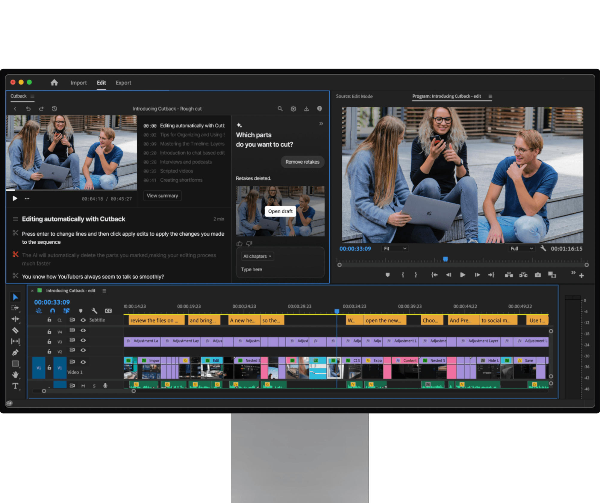 Cutback Premiere Assistant UI showing the extension video editor in Adobe Premiere Pro