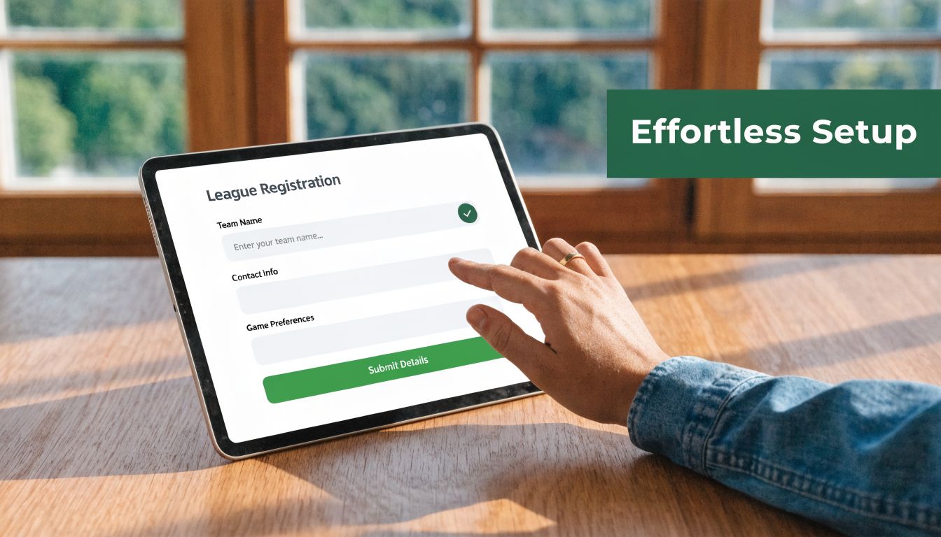 A person using a tablet to fill out a league registration form on a wooden table surface.