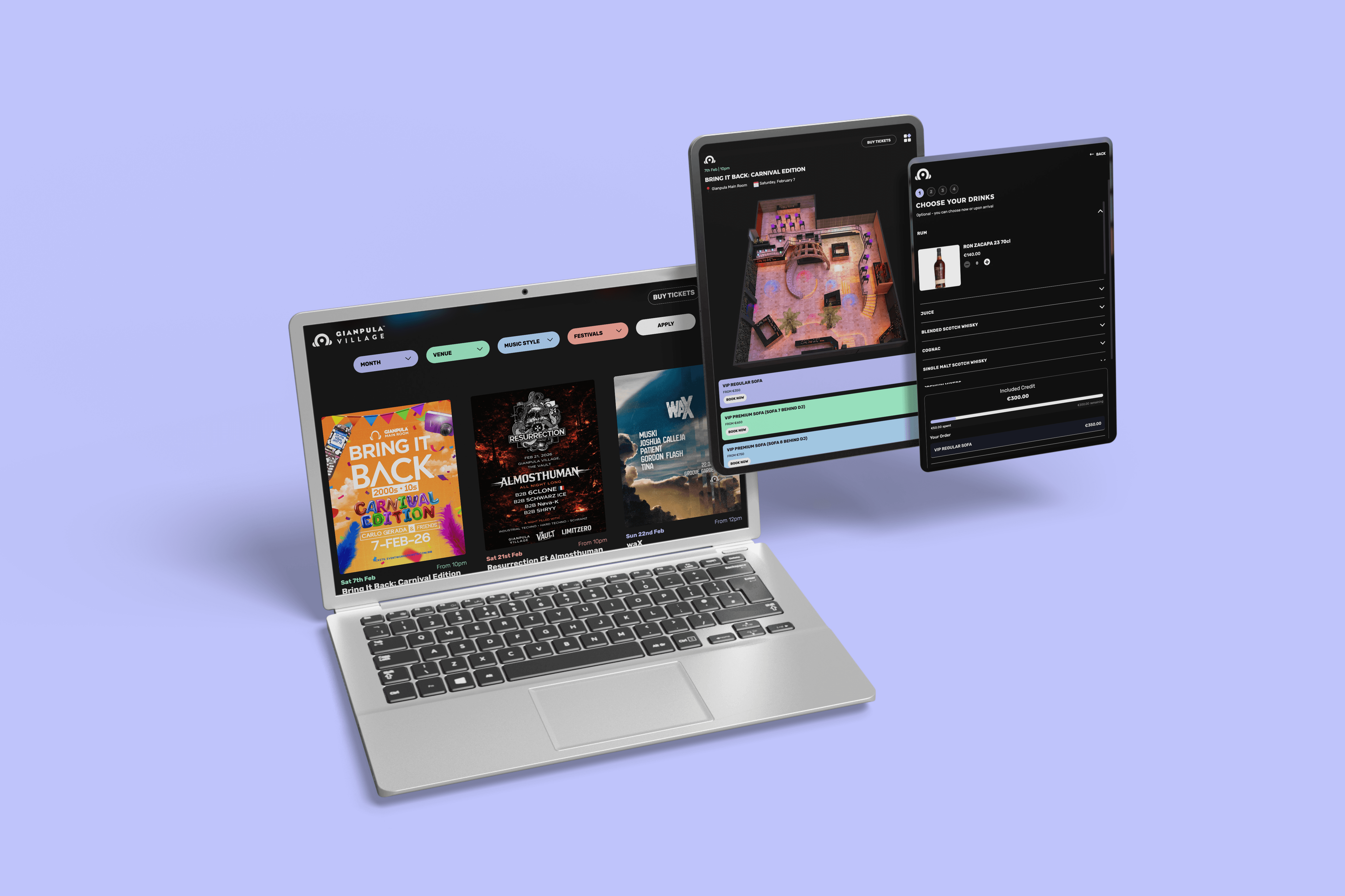 A deep dive into the high-fidelity UI, featuring floating mobile elements and immersive venue cards that bring the digital 'Village' experience to life through a sleek dark-mode aesthetic.