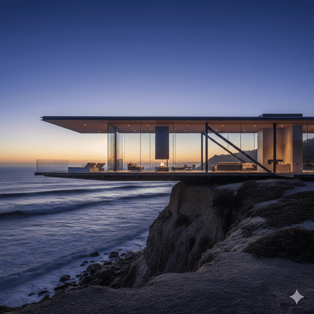 Modern glass house perched on a cliff at sunset, overlooking the ocean. Interior warmly lit, offering a luxurious and serene ambiance.