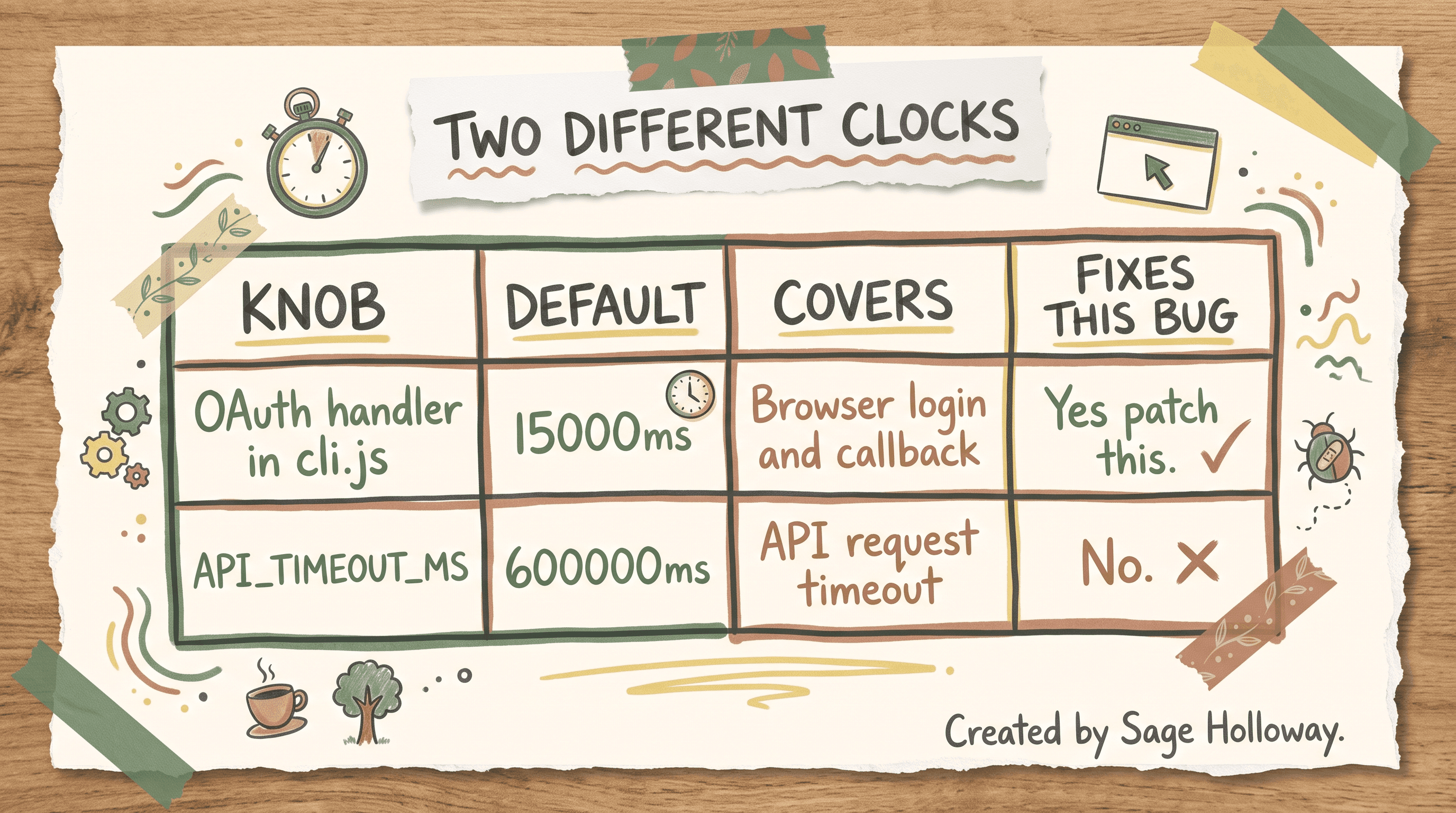 Table comparing Claude Code hardcoded OAuth 15000ms timeout with API_TIMEOUT_MS 600000ms