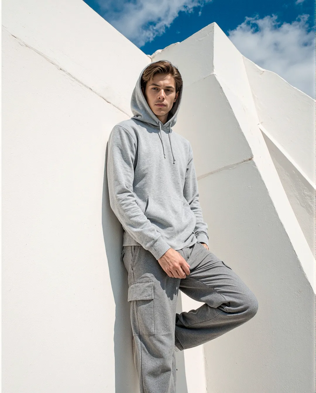 Person in gray hoodie and cargo pants posing against white geometric architecture under blue sky, creating striking minimalist contrast