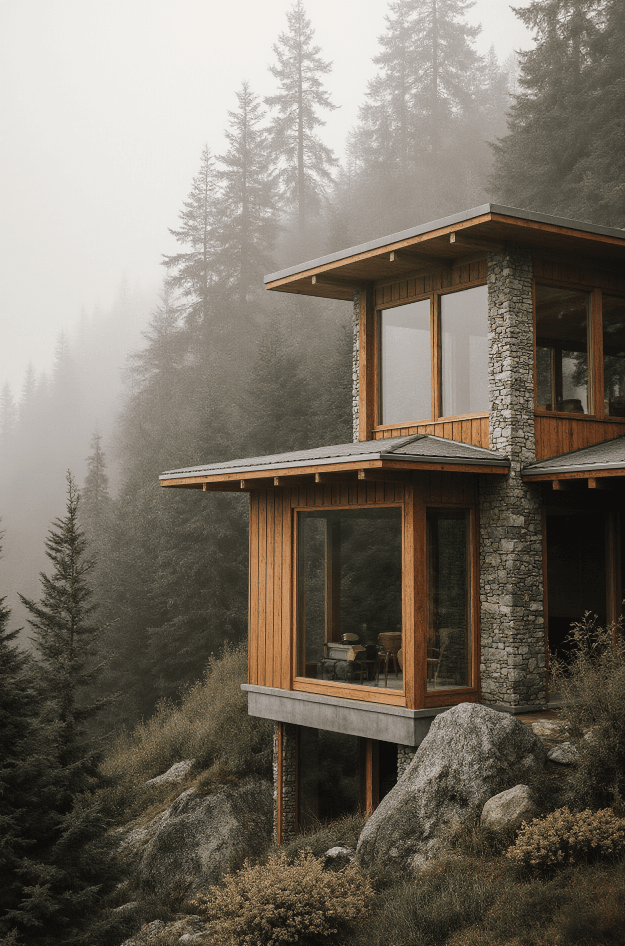 Modern wooden cabin with large windows perched on rocks in a misty forest.