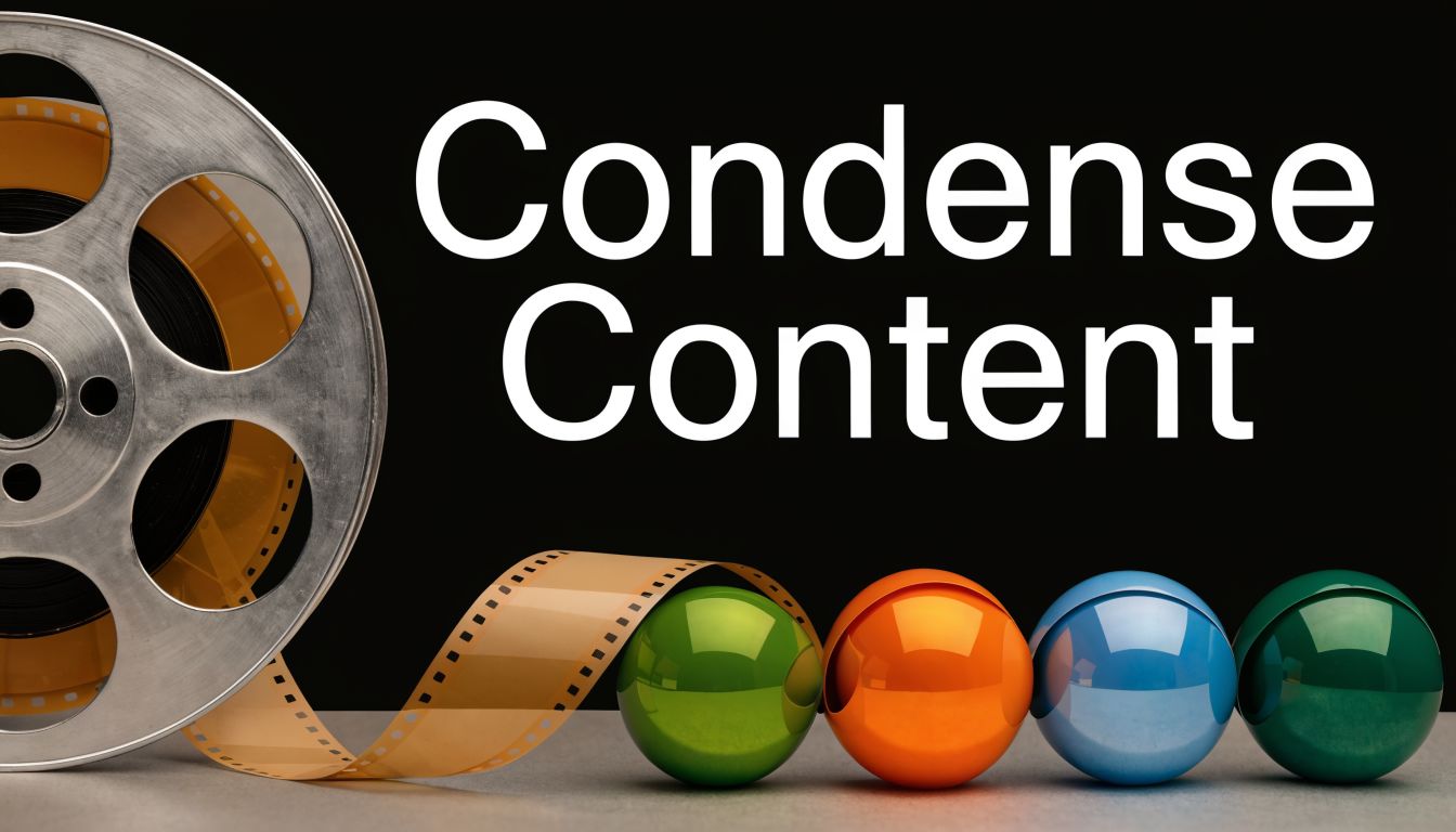 A film reel with a long strip of film running past four colorful spheres on a surface.