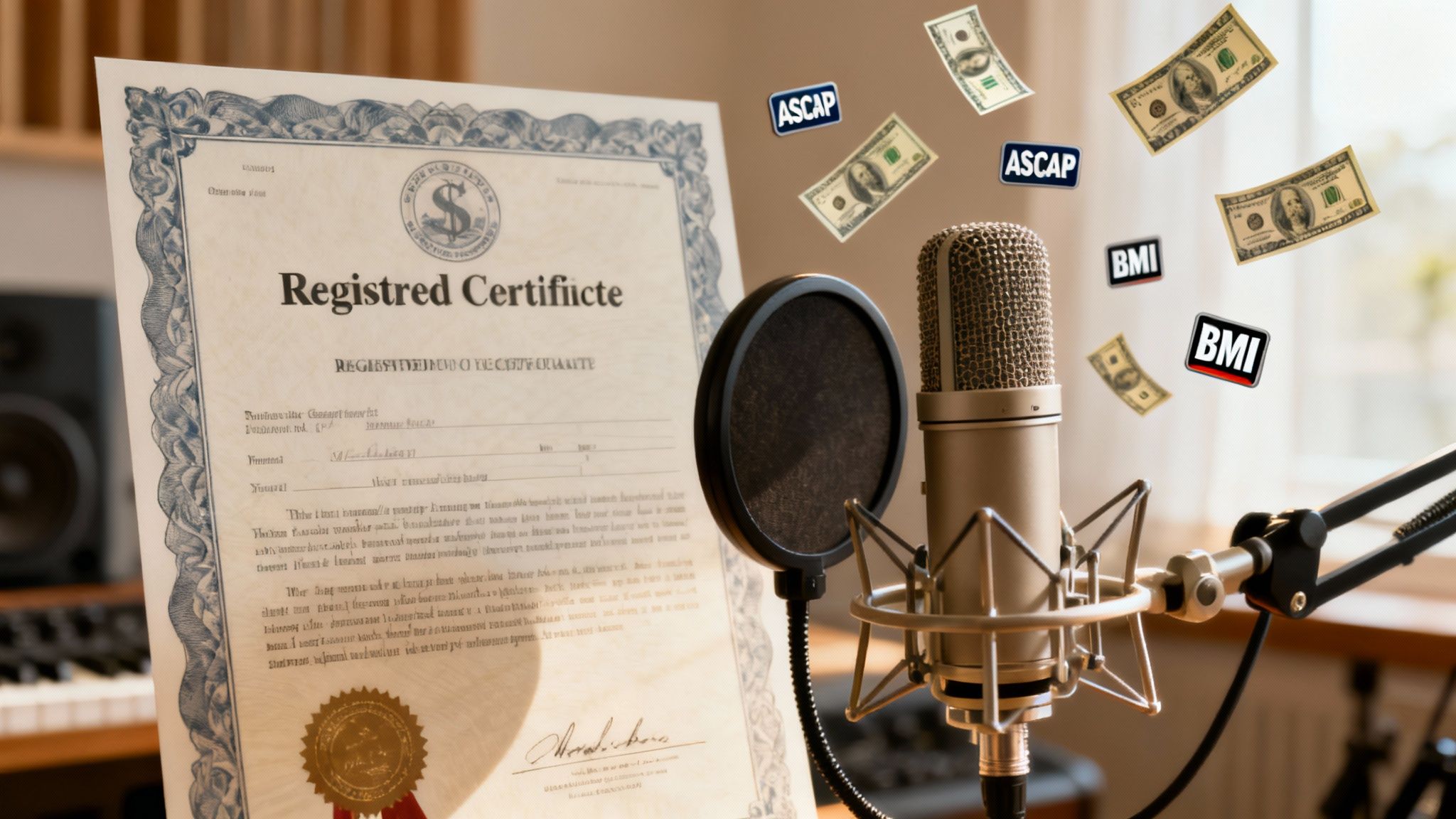 A musician holding a guitar and looking at a royalty statement on a tablet, symbolizing the business side of music.