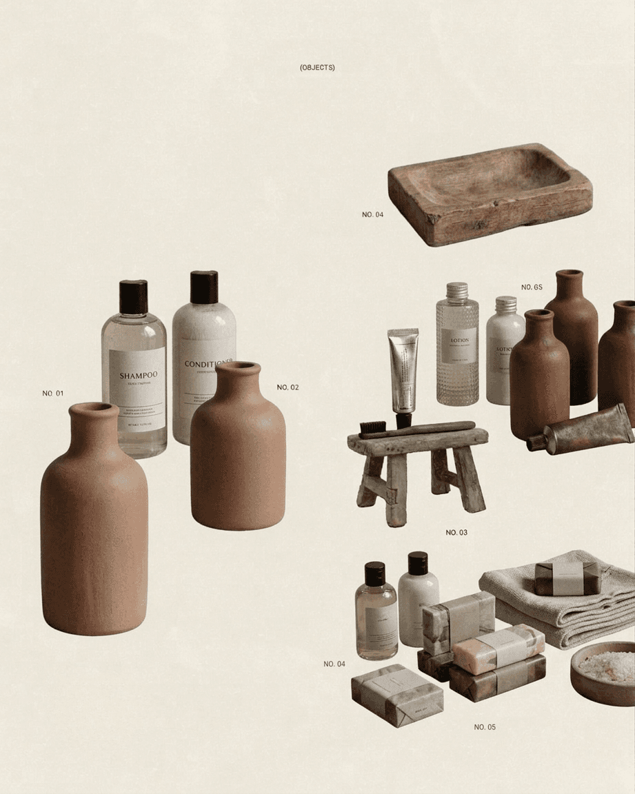 A collection of bath and body products, ceramic bottles, wooden trays, soap bars, a tube, a towel, and a small rustic bench arranged on a neutral background