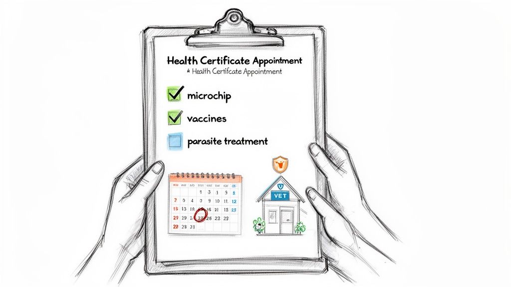 Hands holding a clipboard with a pet health certificate checklist, calendar, and vet clinic.