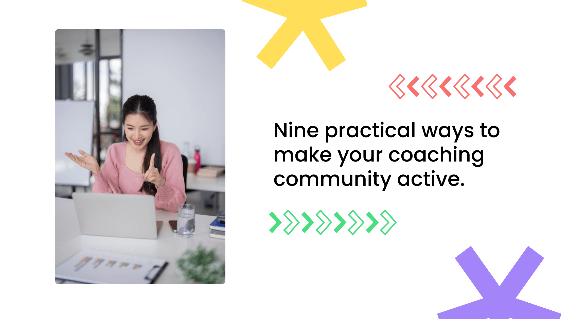 Coach working on a laptop during an online session, introducing nine practical ways to make a coaching community more active.