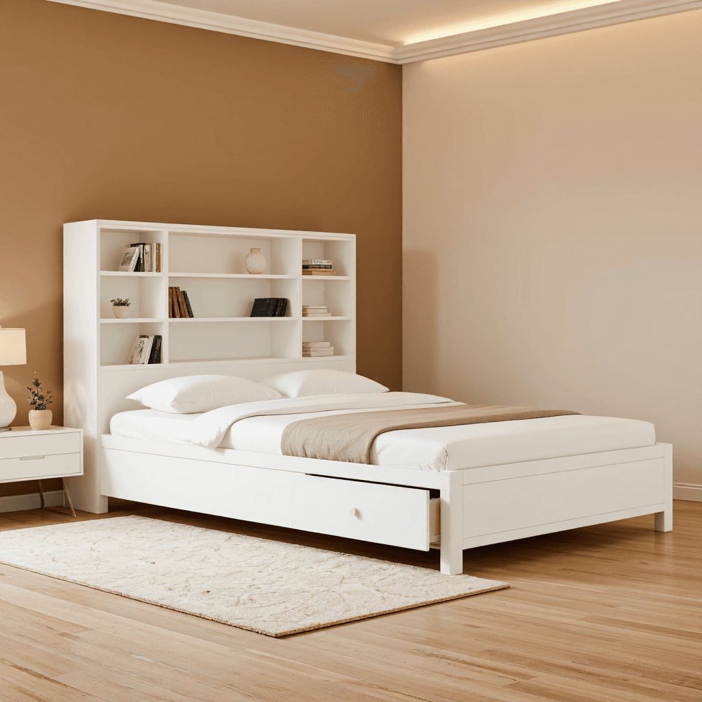 product photography of a bed with storage and a bookshelf headboard, designed for sleeping and organizing items