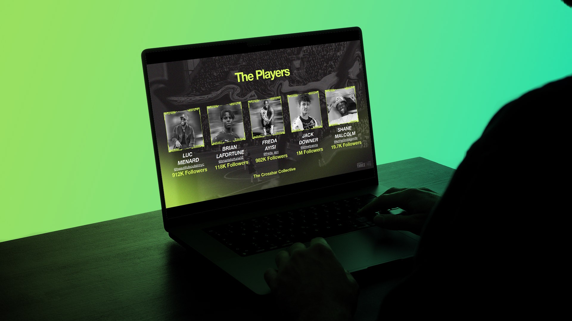 Laptop displaying a Nike pitch presentation featuring bold editorial layouts, athlete-focused storytelling, and high-contrast campaign visuals with neon green accent lighting.
